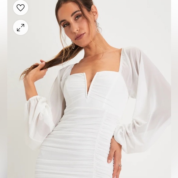 Lulus Dresses & Skirts - Lulus Flirty Force White Mesh Ruched Balloon Sleeve Mini Dress